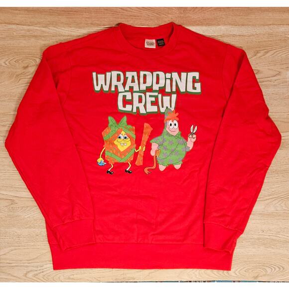 SpongeBob SquarePants Christmas Wrapping Crew Red Sweatshirt Mens Size Large - Picture 1 of 6
